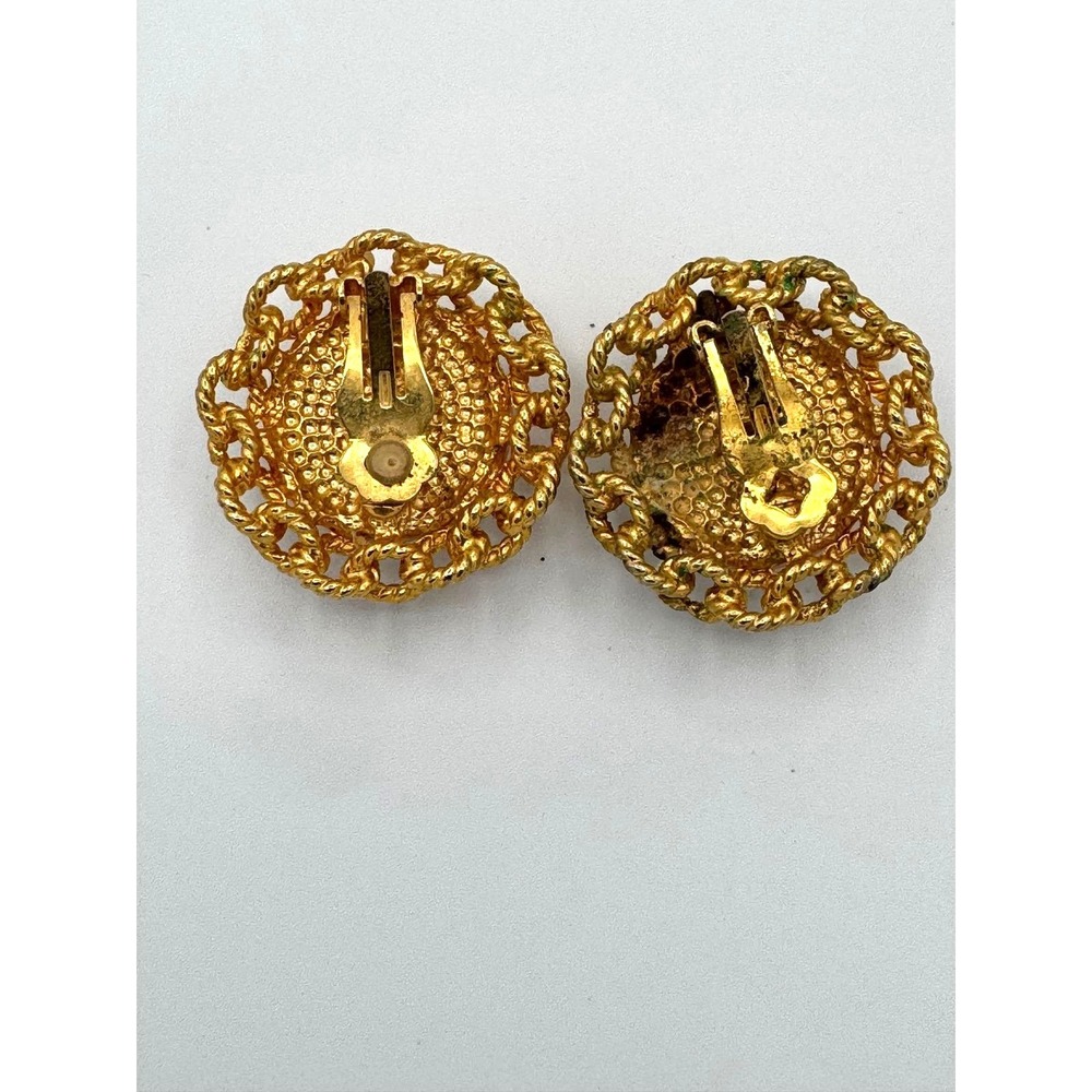 Vintage Gold Tone Faux Pearl Clip On Earrings Braided Rope Border Round Studs - Picture 2 of 2